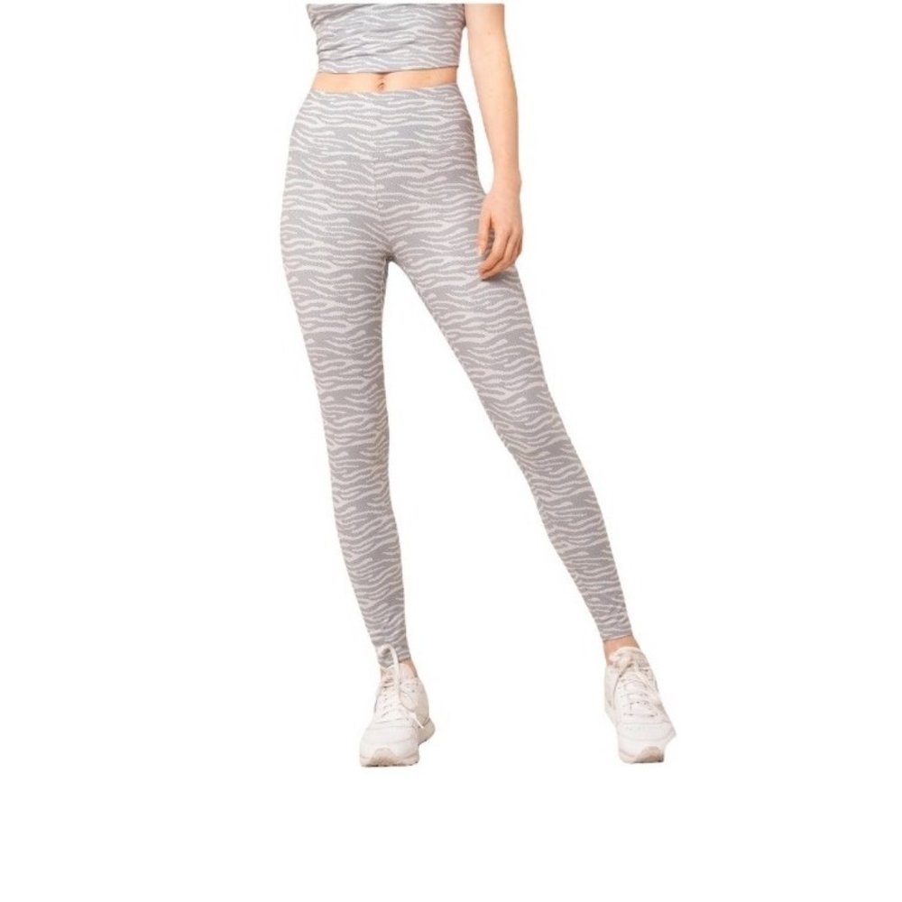 Kyodan High Waist Yoga Workout Leggings Tiger Dashed Lines Print Gray Size M